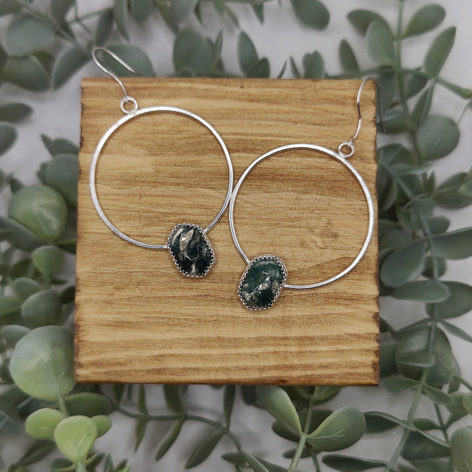Silver hoop earrings with miss agate stones