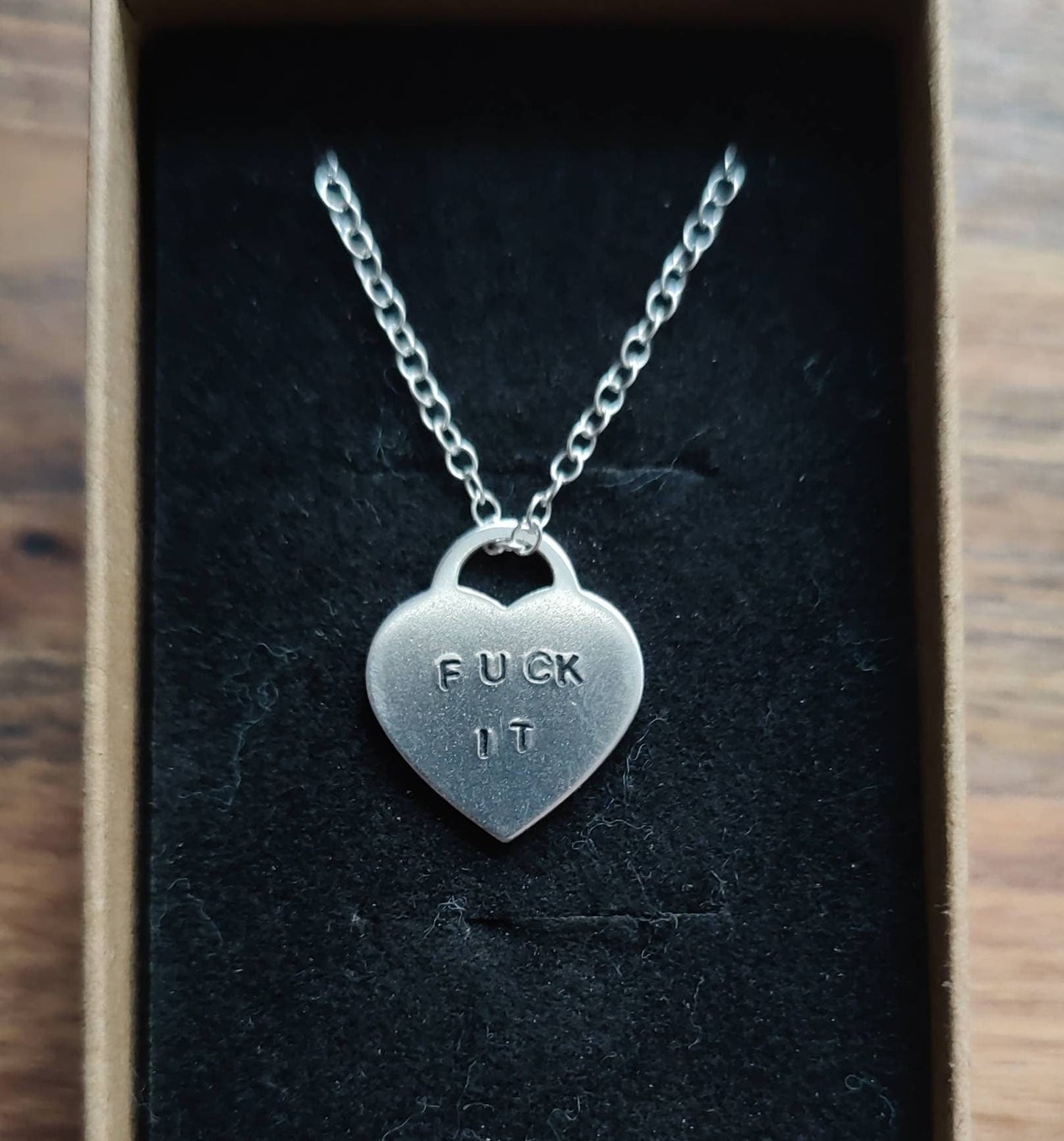 Handstamped Fuck It Slogan Heart Necklace in Sterling Silver