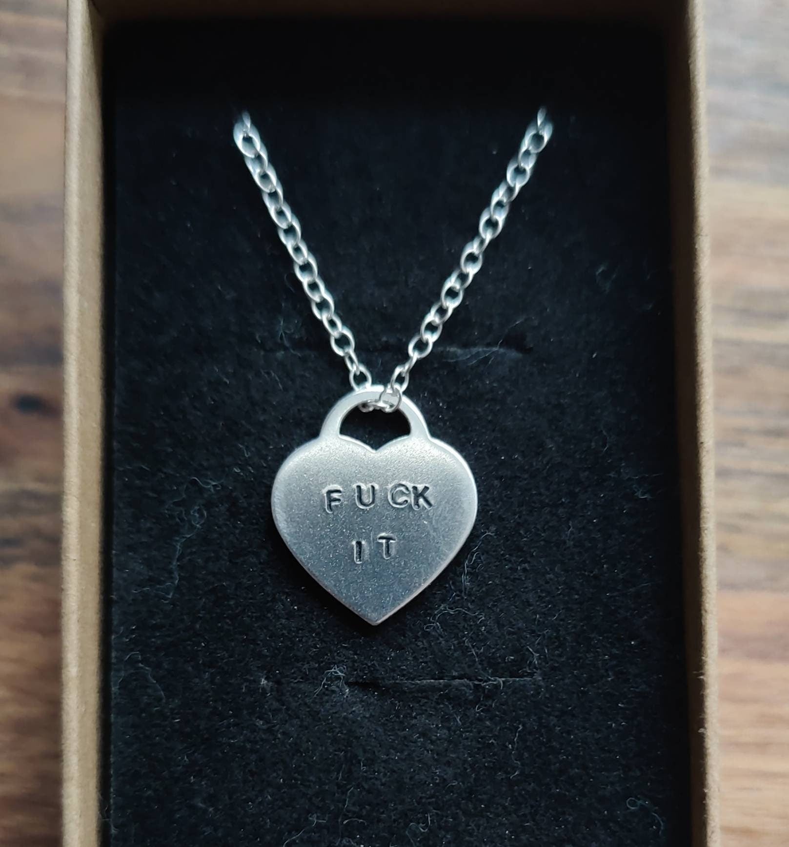 Handstamped Fuck It Slogan Heart Necklace in Sterling Silver