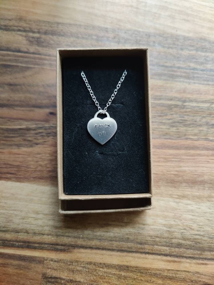 Handstamped Fuck It Slogan Heart Necklace in Sterling Silver