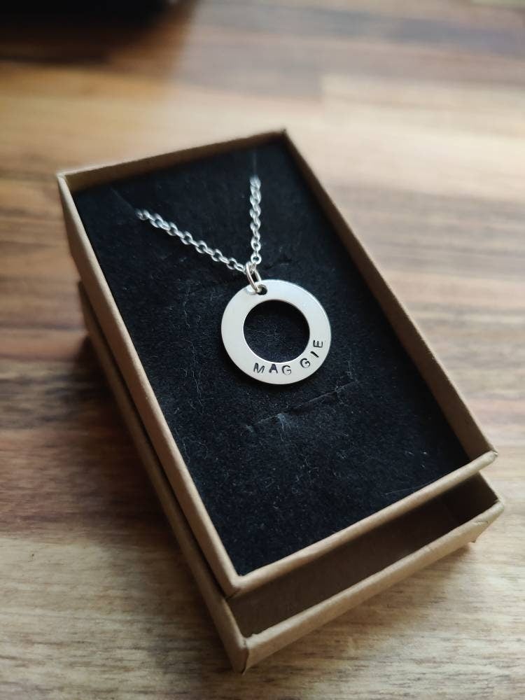 Personalised Hand Stamped Silver Washer Necklace
