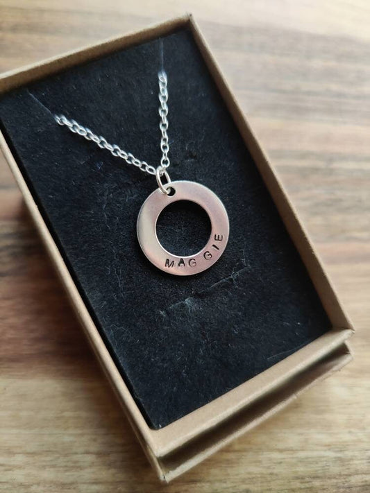 Personalised Hand Stamped Silver Washer Necklace