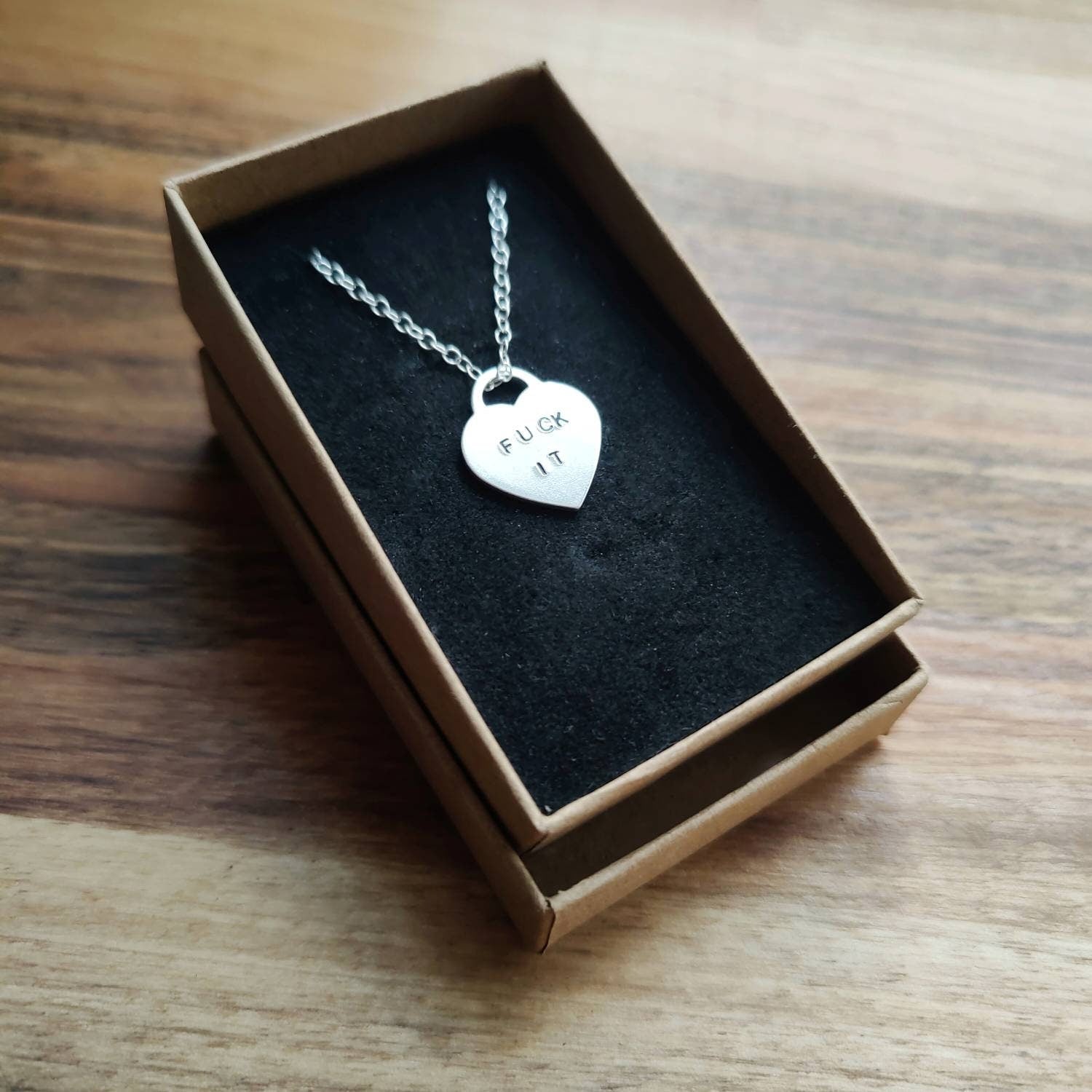 Handstamped Fuck It Slogan Heart Necklace in Sterling Silver